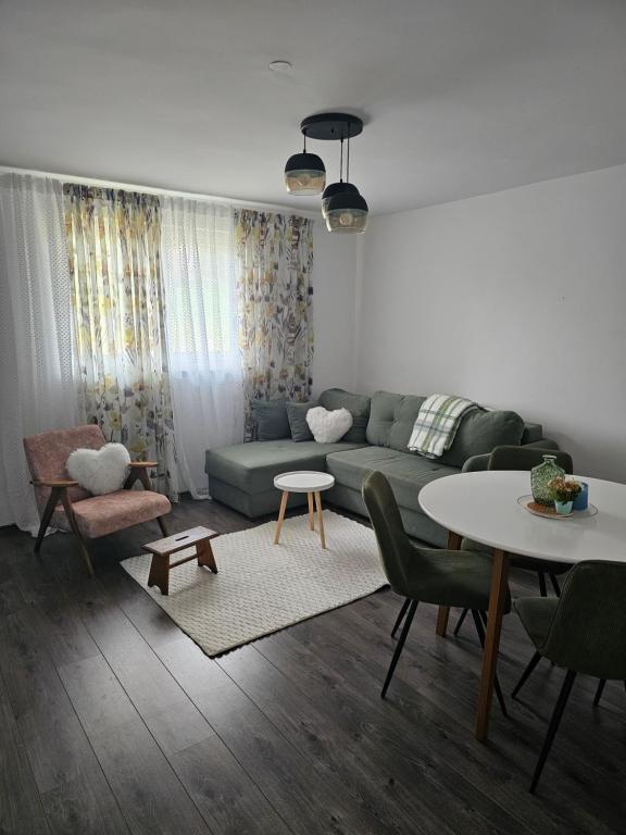 a living room with a green couch and a table at Villa Ruscello in Grabovac