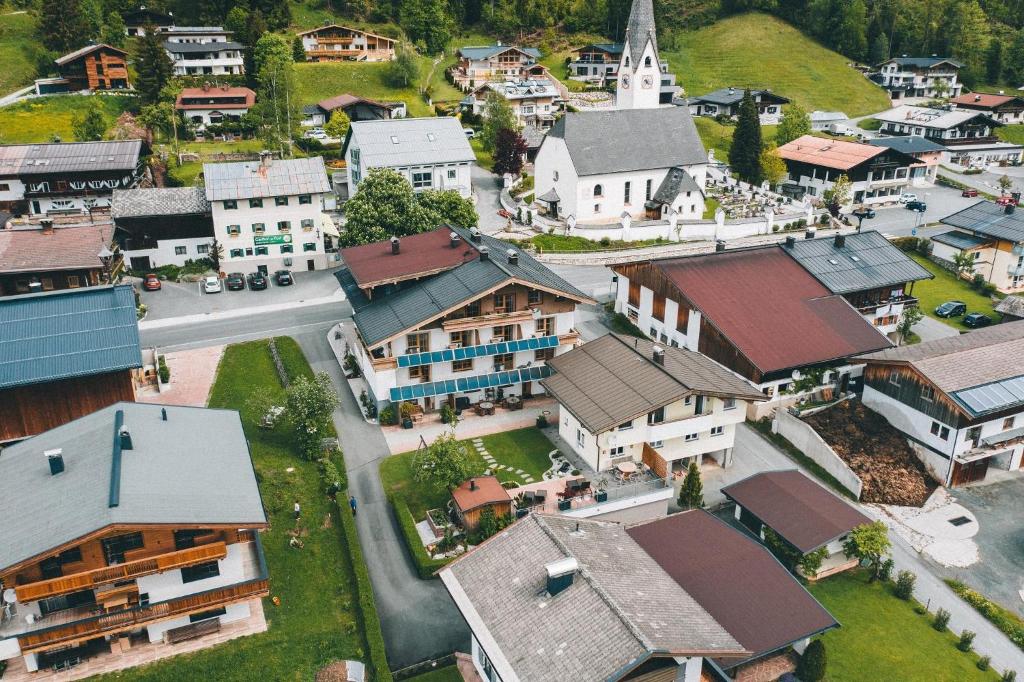 an aerial view of a small town with buildings at Haus Kapeller in Sankt Jakob in Haus