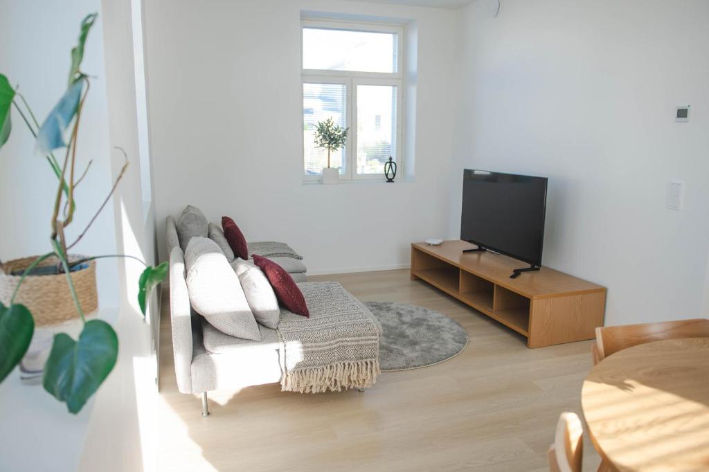 a living room with a couch and a tv at 3 Bedroom Nordic Timber Home in Kokkola