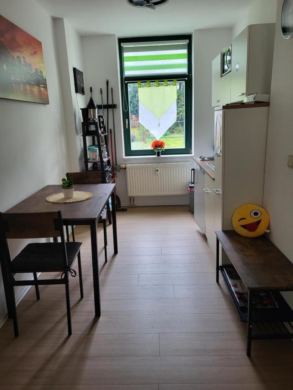 a kitchen with a table and a window and a table and chairs at Fridolin in Reichenbach im Vogtland