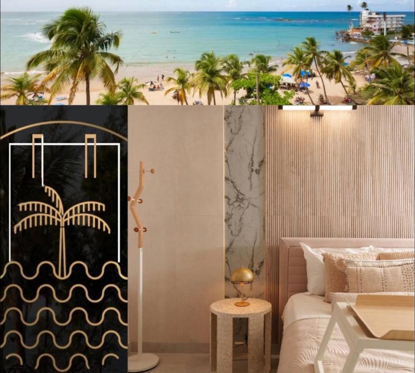 a bedroom with a bed and a beach with palm trees at Tropĭmar Suites 2BR Modern Beach Escape New! in San Juan
