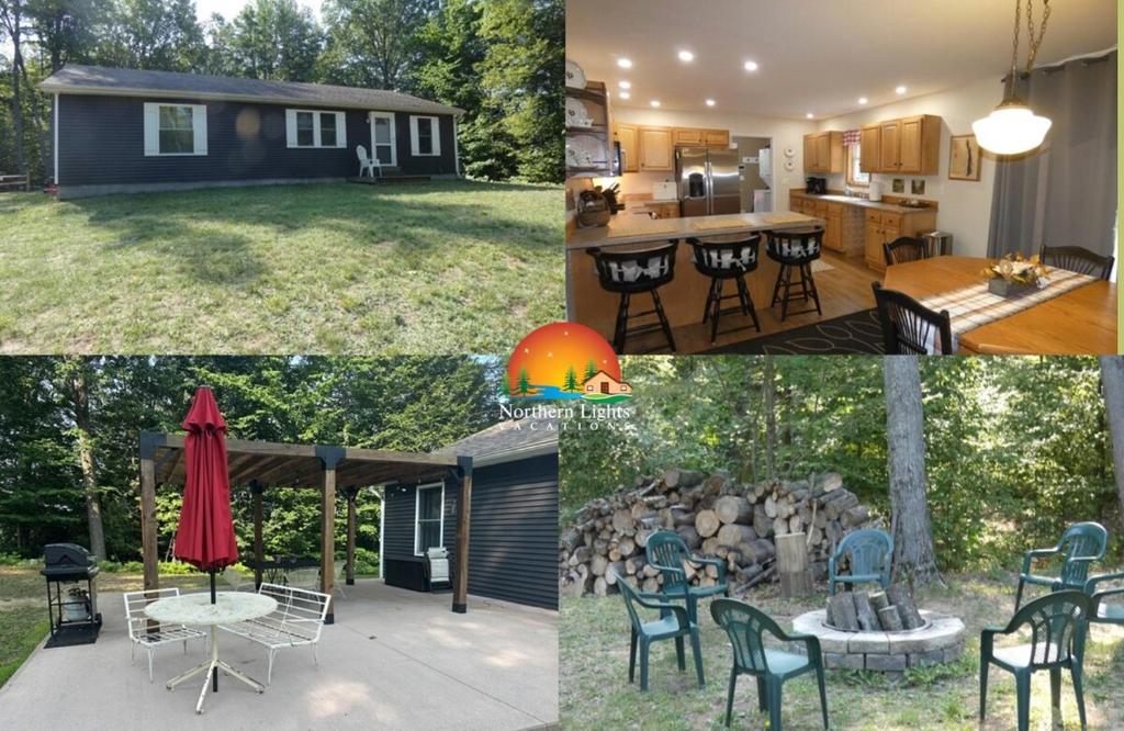a collage of photos of a backyard with a house at Woodland Retreat At Finch Creek in Bellaire