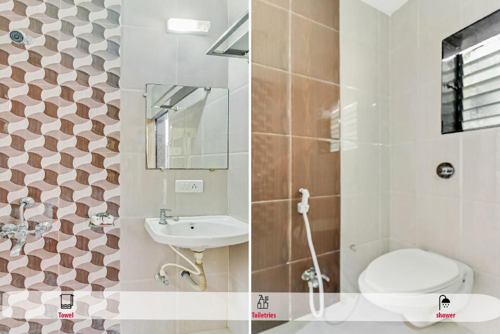 two pictures of a bathroom with a toilet and a sink at Hotel O Sai Kohinoor in Shirdi