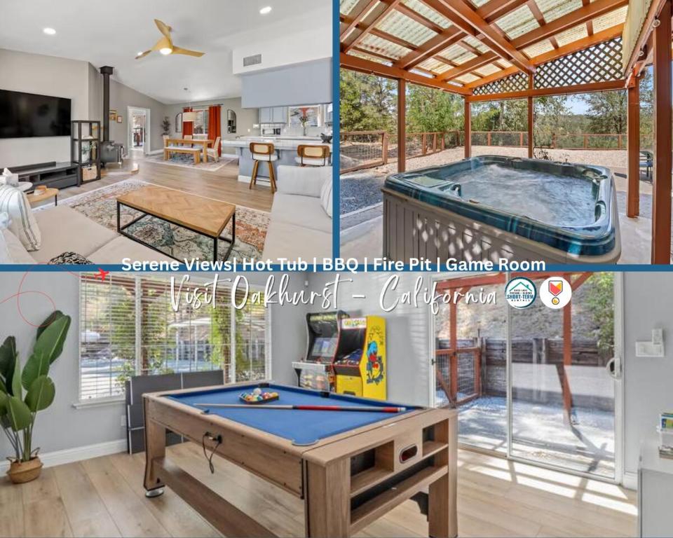 オークハーストにあるSerene Views with Hot Tub, BBQ, Fire Pit, Game Roomのリビングルーム(ビリヤード台付)