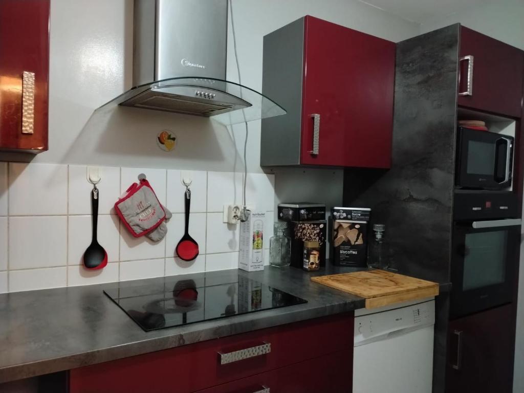 a kitchen with red cabinets and a stove top oven at Maison familiale EXCELLENCE,3 chambres jardin avec jeux, proche gare Bourg en Bresse in Saint-Denis-lès-Bourg