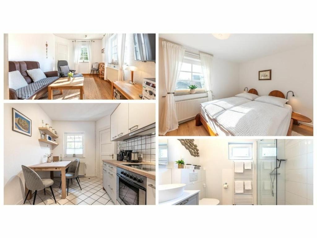 威克奥夫弗尔Holiday apartment in Wyk with swimming pool的卧室和客厅的照片拼合在一起