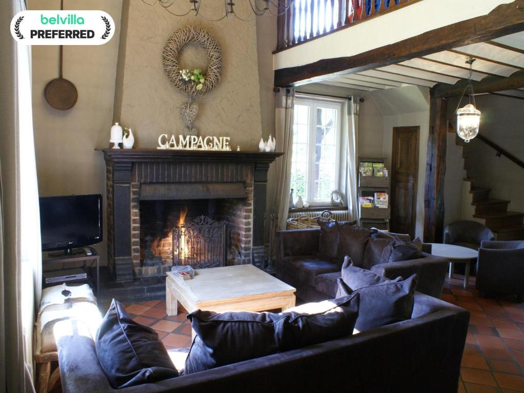 a living room with couches and a fireplace at Malmedy Forestside Home in Malmedy