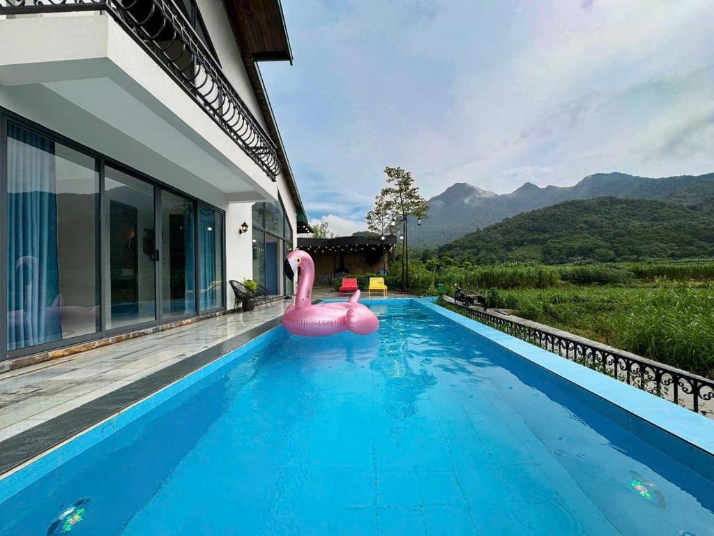 a swimming pool with a pink inflatable flamingo in a house at Le Soleil villa ba vì in Ba Vì