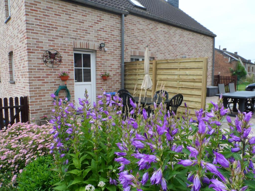 un jardín con flores púrpuras frente a una casa en Vakantiestudio Ciney, en Chapois