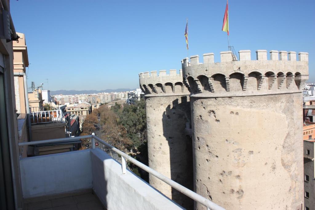 a view from a balcony of a castle at Torres de Valencia Apartments in Valencia