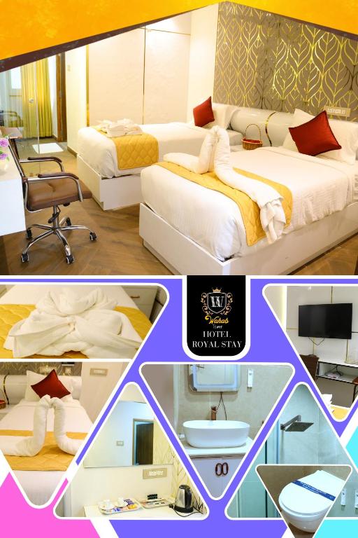a collage of four pictures of a hotel room at Hotel Royal Stay - Abraham Pandither Road in Thanjāvūr