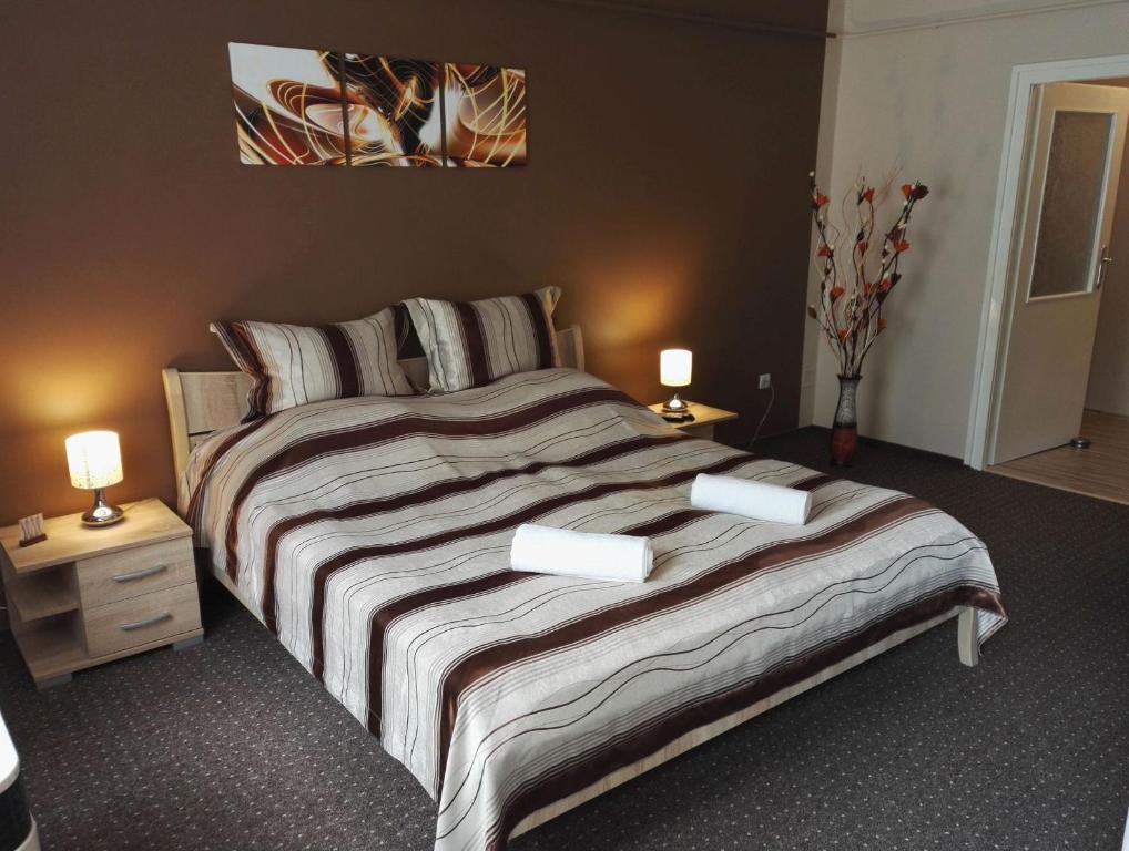 マコーにあるAdél Apartmanのベッドルーム1室(大型ベッド1台、テーブル2台、ランプ2つ付)