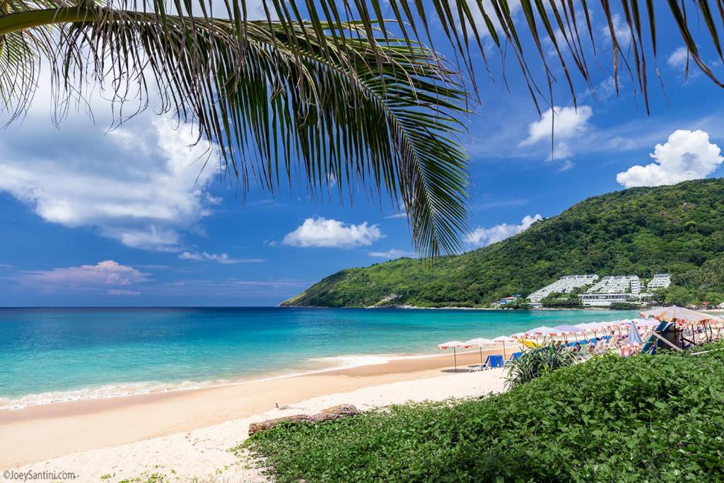 a beach with chairs and umbrellas and the ocean at SOLA Condo 1BR Tropical View NBC Nai Harn Nai in Rawai Beach