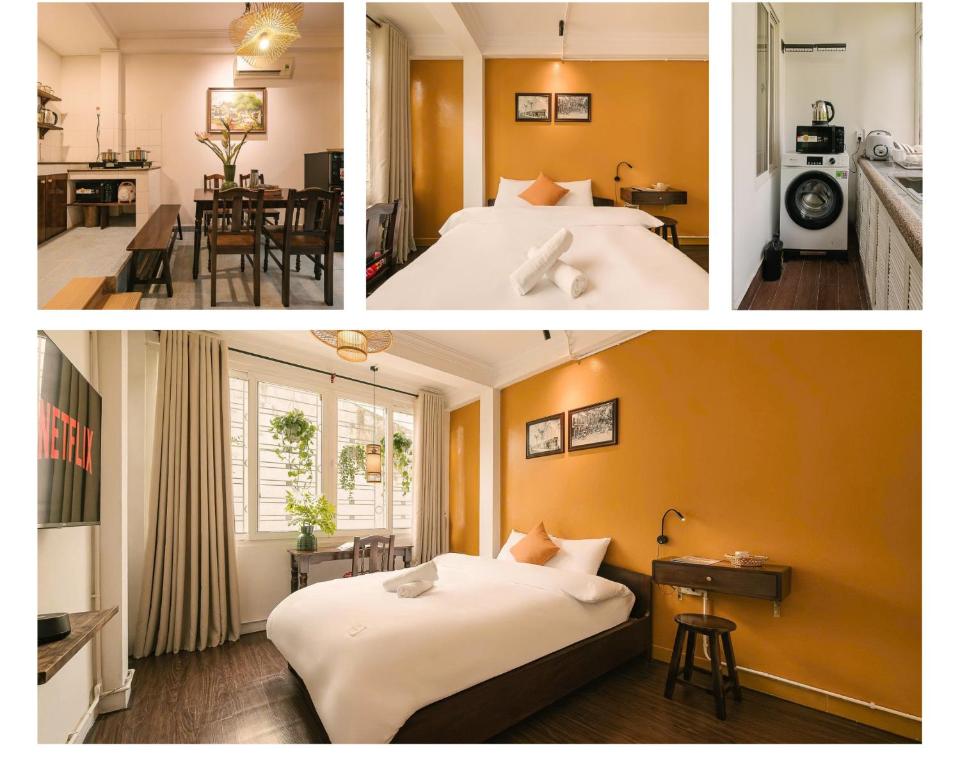 two pictures of a hotel room with two beds and a kitchen at Oh Trendy Homes Hoan Kiem PNL3 in Hanoi