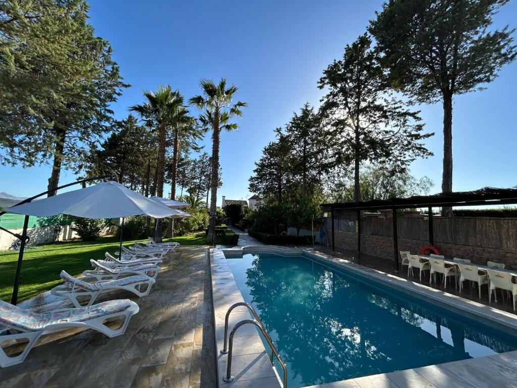 a swimming pool with lounge chairs and an umbrella at Casa Rural el Canal in Antequera