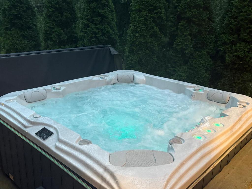a jacuzzi tub with blue water in it at Rezydencja Sąsiadów Zakopanego in Zakopane