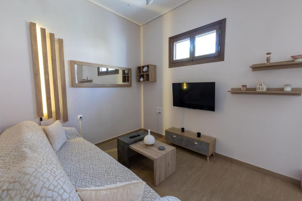 ミティリニにあるVernardaki apartmentのソファと薄型テレビのあるリビングルーム