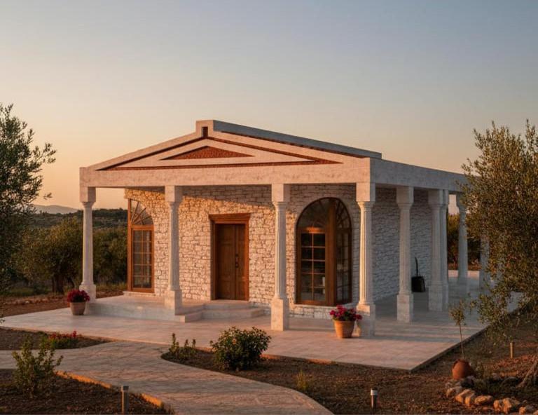 a small brick building with a porch in a garden at Sin House in Pamukkale