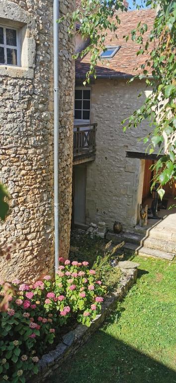 a cat sitting next to a building with pink flowers at Carpe Diem in Saint-Savin