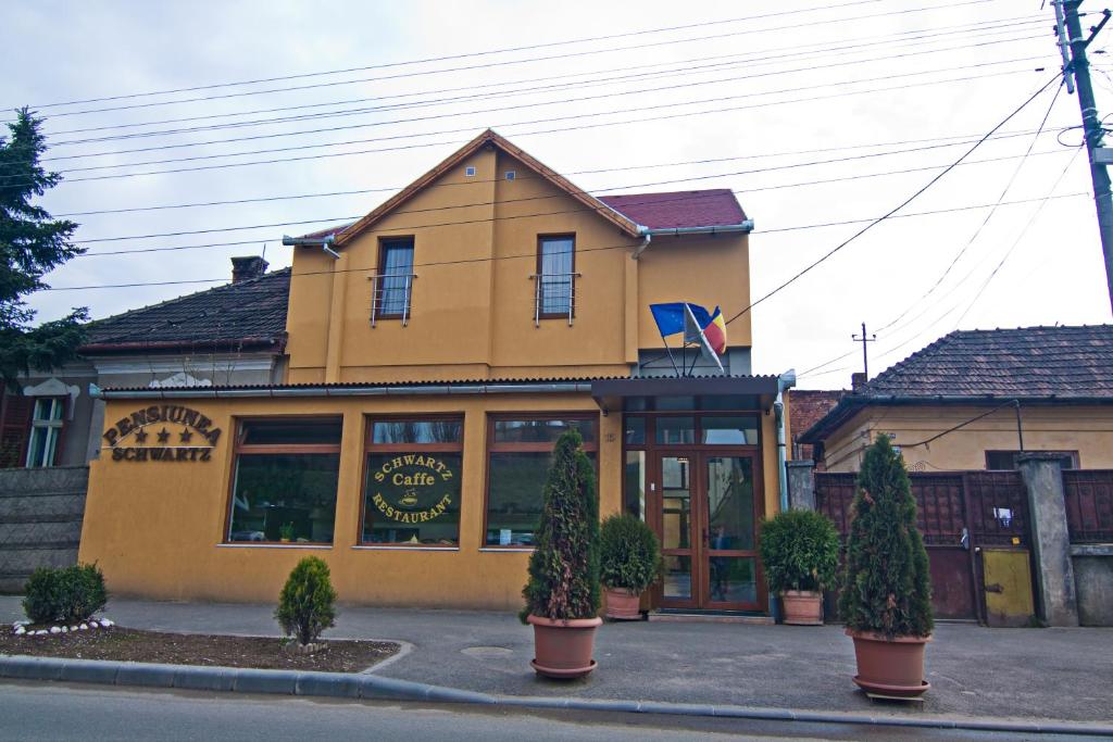 ein gelbes Gebäude mit Pflanzen davor in der Unterkunft Pensiunea Schwartz in Cluj-Napoca