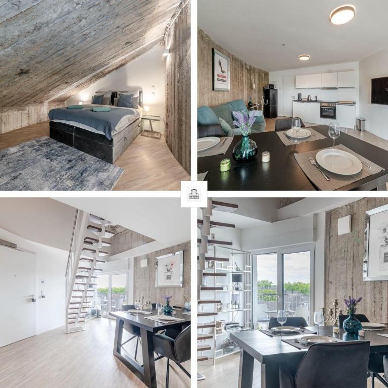 a room with a living room and a room with a staircase at Bunker Loft Messe Essen Self Check-in in Essen