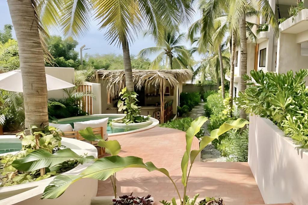 un patio con palmeras y plantas en Casa Leah Puerto Escondido, en Puerto Escondido