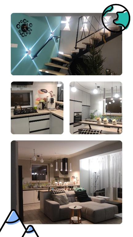 two pictures of a kitchen and a living room at Biały domek z ogrodem, 3 sypialnie in Bydgoszcz