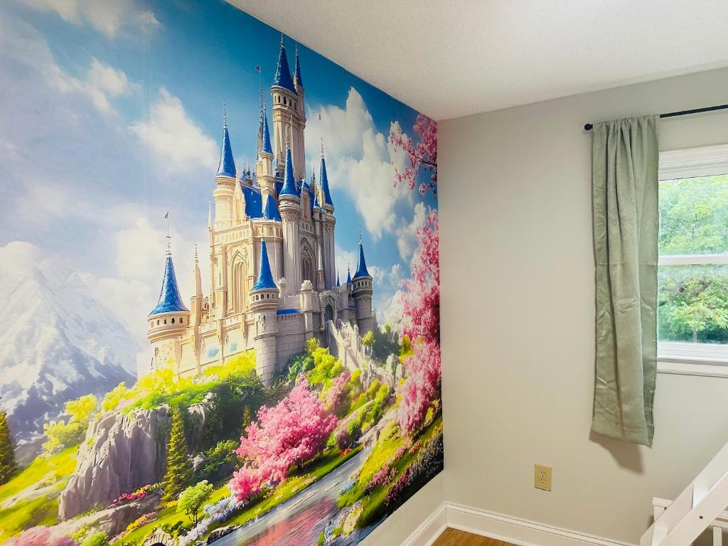 a room with a castle mural on the wall at Bee Happy Sparta Mountain Cottage in Sparta