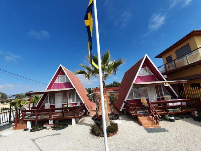 コキンボにあるTropical Cabaña Bの旗が掲げられたコテージがいくつか