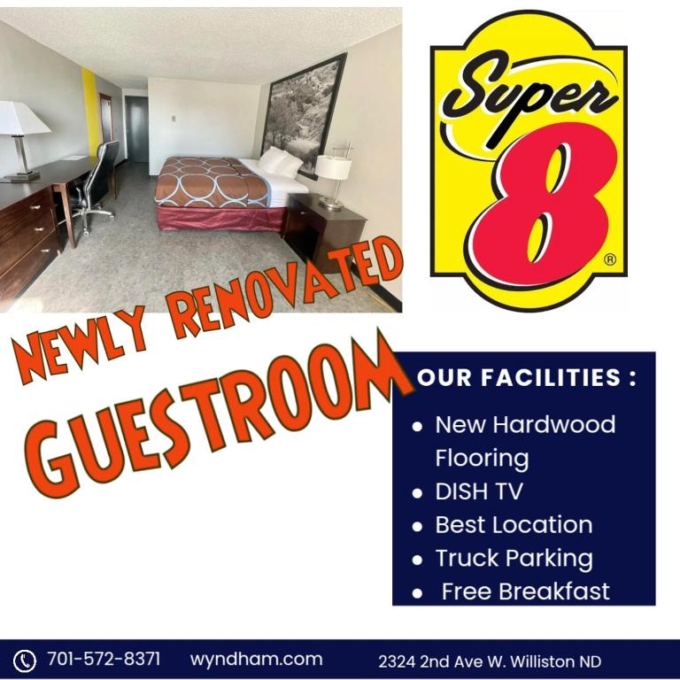 a flyer for a hotel room with a bed and a sign at Super 8 by Wyndham Williston ND in Williston
