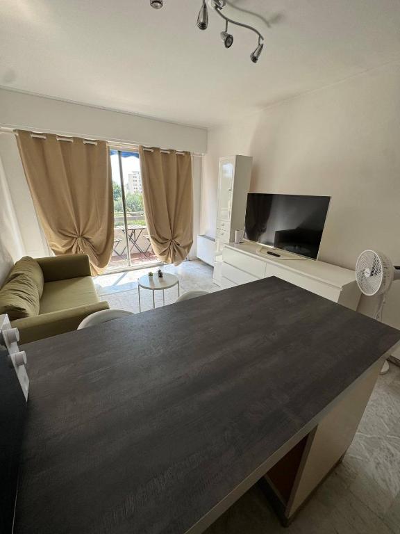 a living room with a table and a couch and a television at Apartment in Cros de Cagnes in Cagnes-sur-Mer