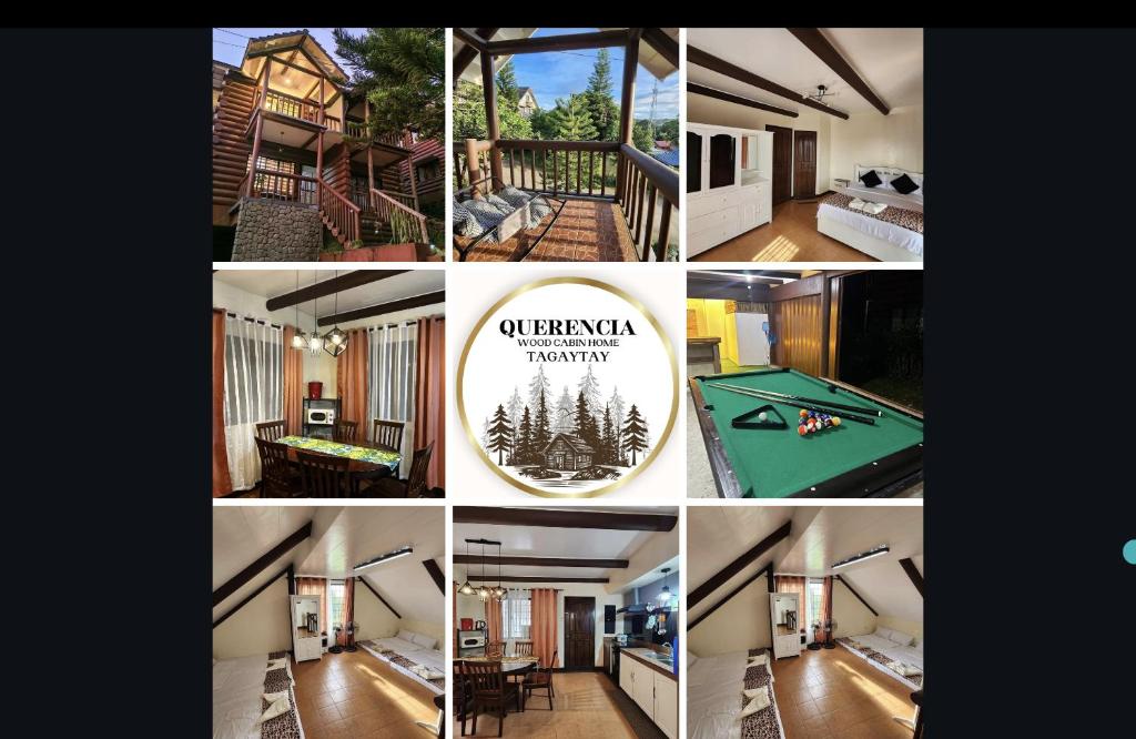 eine Collage mit Fotos eines Hauses mit Billardtisch in der Unterkunft The Wood Cabin Home Tagaytay with Billiards and Minipool 10mins from Skyranch in Galicias