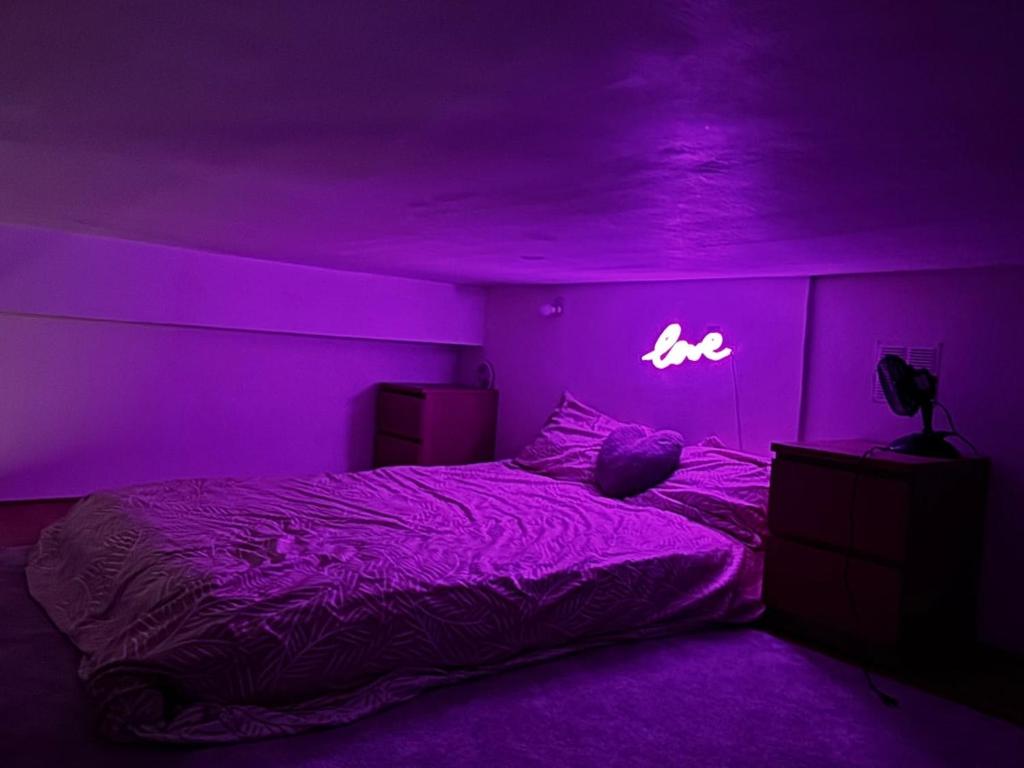- une chambre violette dotée d'un lit avec un ours en peluche dans l'établissement Appartement jacuzzi - Love Room, à Lyon
