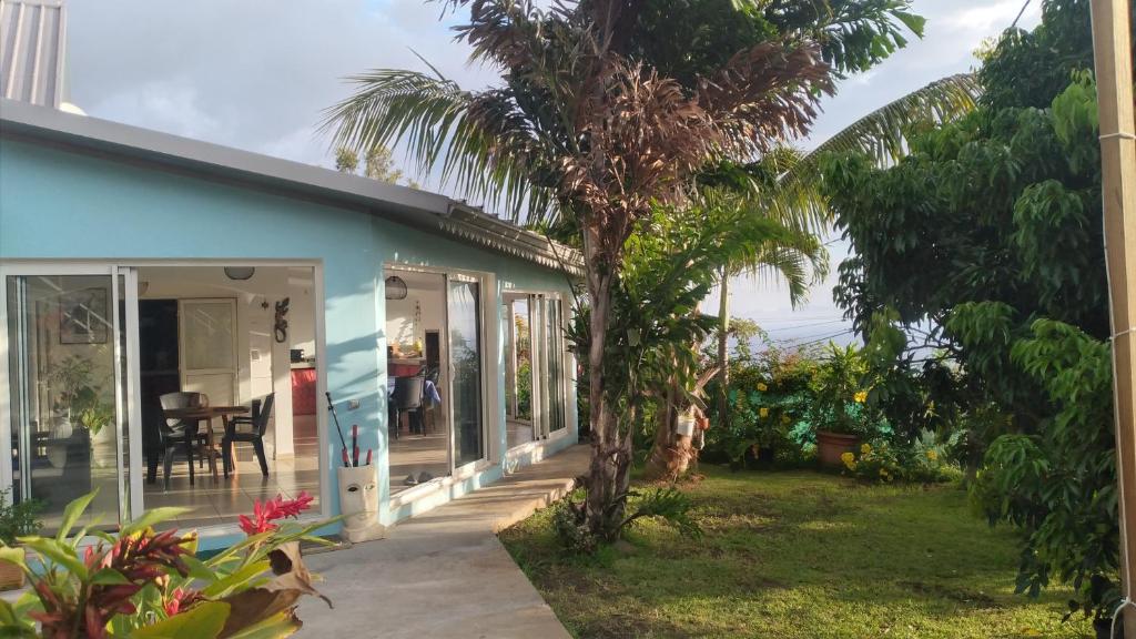a blue house with a palm tree in front of it at Chez Fannie et Alain in Saint-Paul