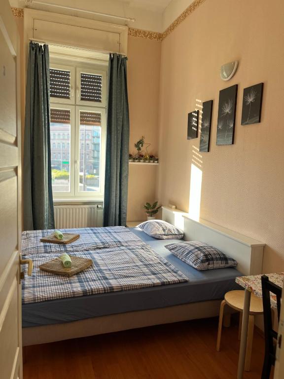 ein Schlafzimmer mit einem Bett, einem Fenster und einem Tisch in der Unterkunft Good Luck in Budapest