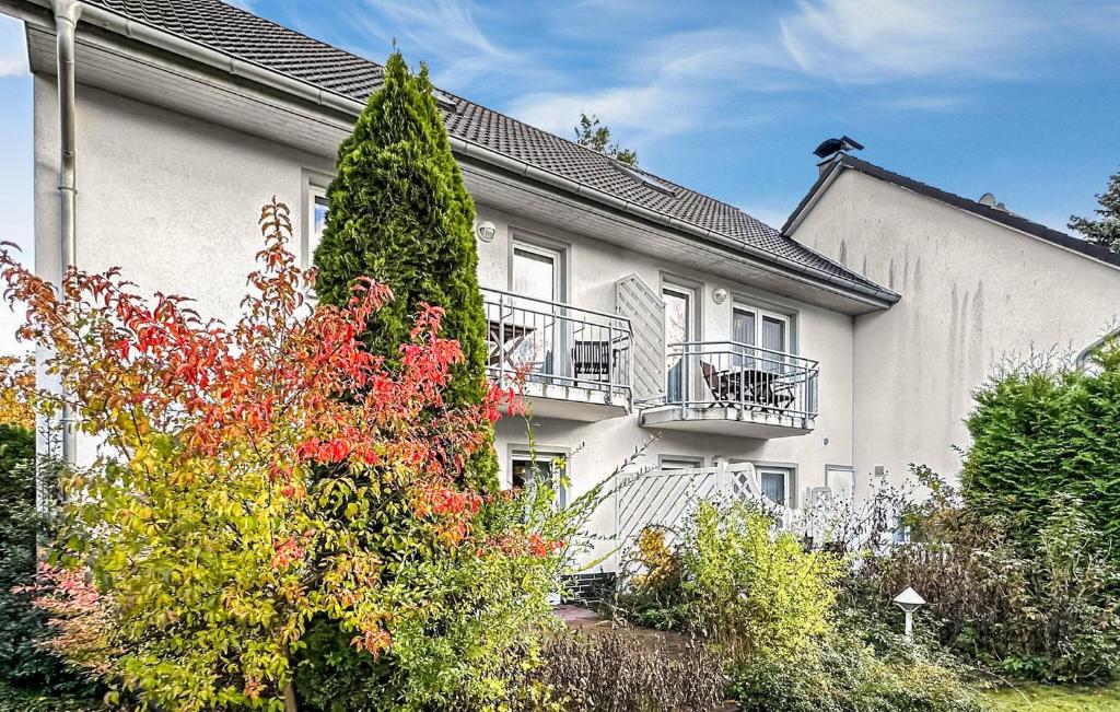 une maison blanche avec un arbre devant dans l'établissement Ferienwohnung Trassenheide, à Trassenheide