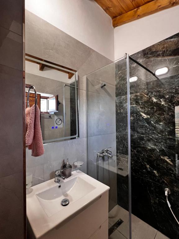a bathroom with a sink and a shower at Ballkoni i Goricës in Goricë