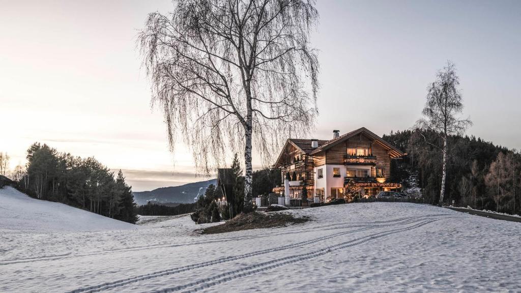 カステルロットにあるAlpine Boutique Villa Gabriela - Adults Onlyの雪の丘の上の家