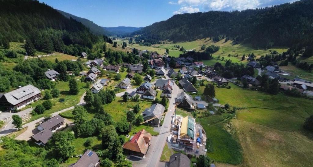 an aerial view of a small village in the mountains at Schwarzwaldgeflüster in St. Blasien