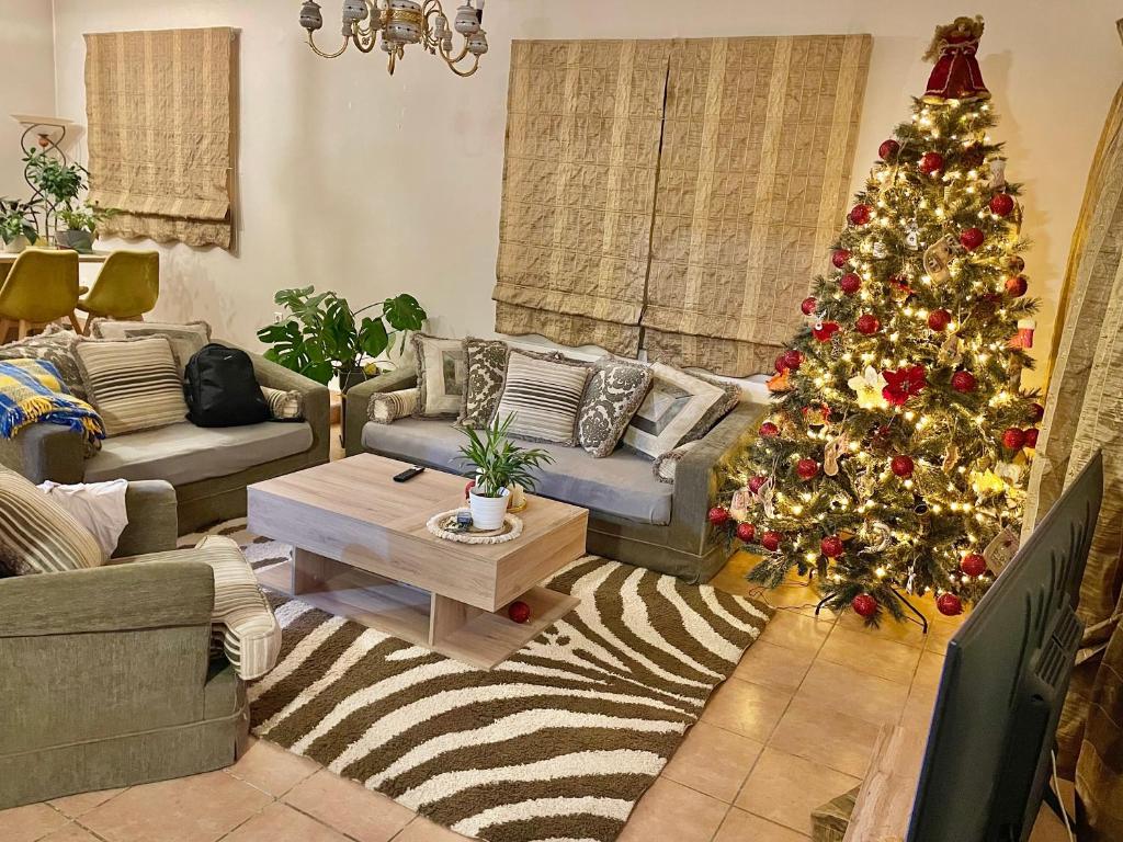 una sala de estar con un árbol de Navidad. en Casa Verde Trikala, en Tríkala