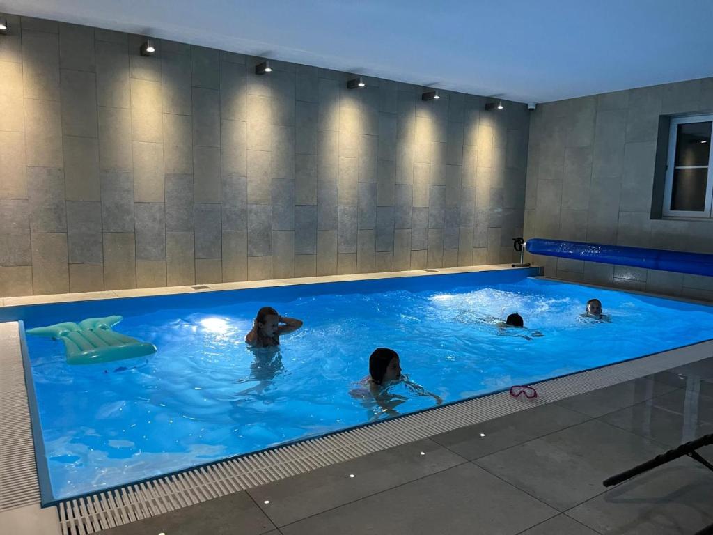 un gruppo di persone che nuotano in una piscina di Apartmány Hluchá Bašta s vnitřním bazénem a České Budějovice