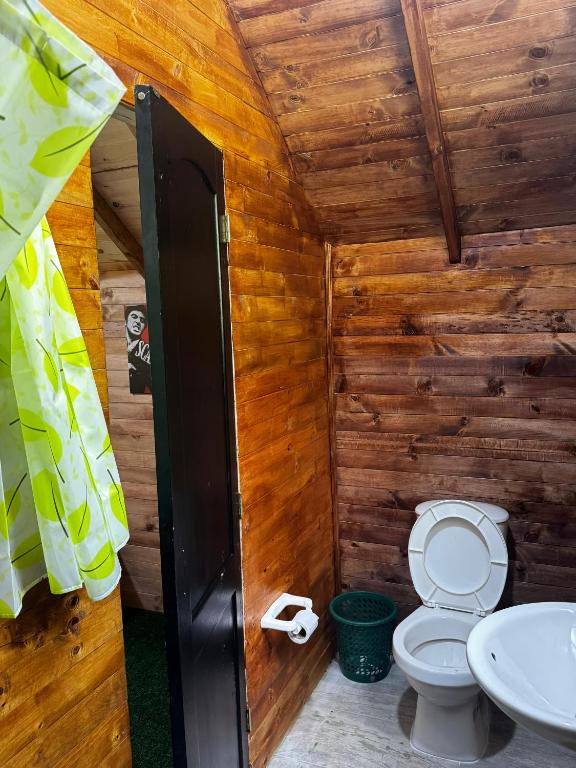 a bathroom with a toilet and a sink at Cabañas del bosque - La casa en la piedra in Choachí