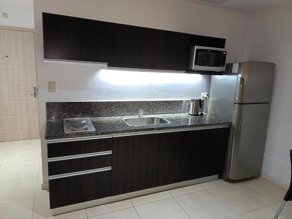 a kitchen with a sink and a refrigerator at BAHIA GRANDE DE NORDELTA Monoambiente 40 m2 in Benavídez