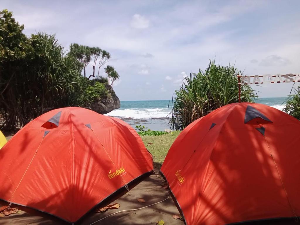 two red umbrellas sitting next to the ocean at Dating camp pantai madasari in Madasari
