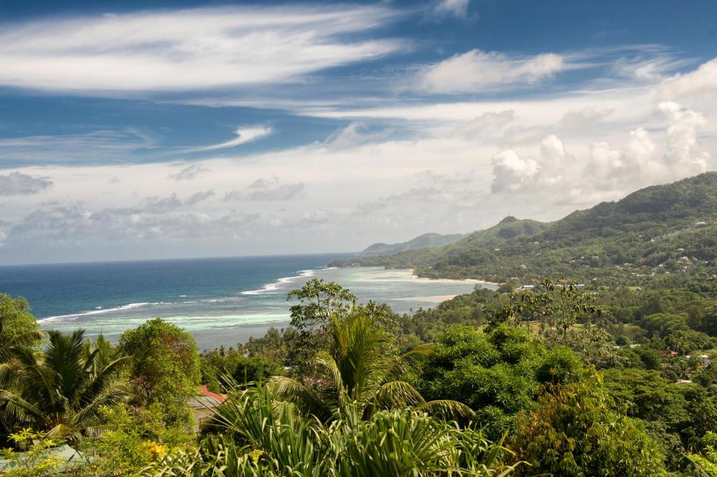 Blick auf das Meer von einem Hügel mit Bäumen in der Unterkunft Villa Kayola - Self Catering in Mahé