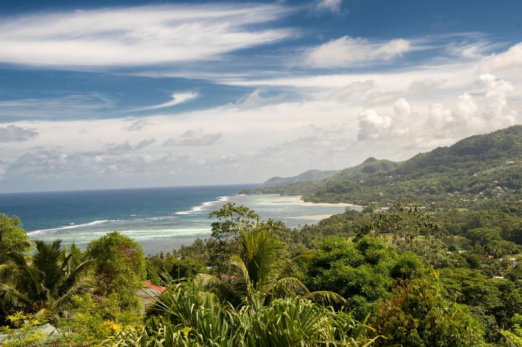 a view of the ocean from a hill with trees at Villa Kayola - Self Catering in Mahe