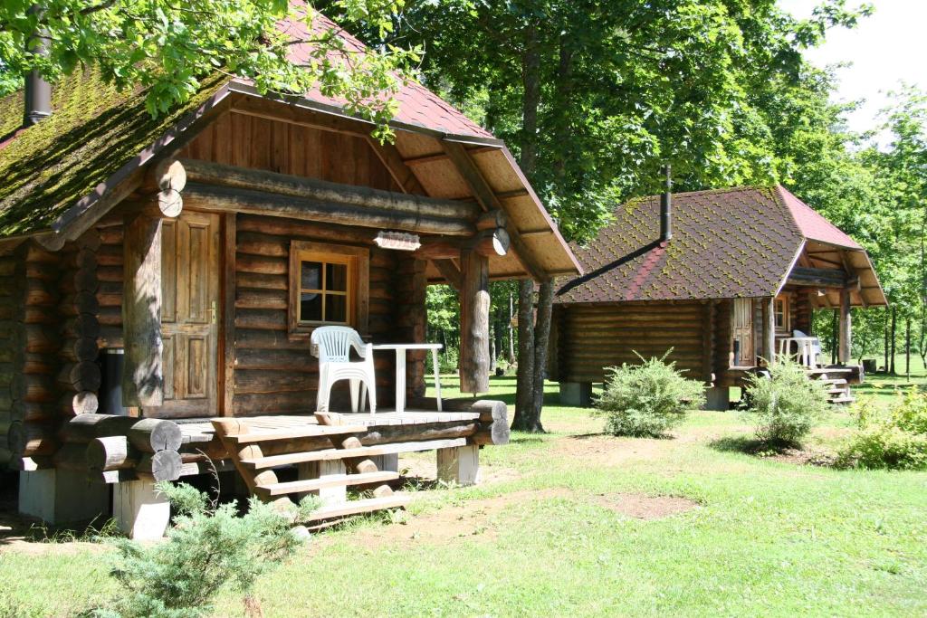 uma cabana de madeira com uma mesa e cadeiras à sua frente em Kempings Sniedzes em Ķegums