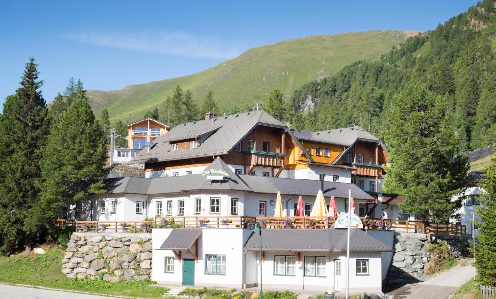 a large building on a hill with a mountain at Die Nockalm in Turracher Hohe