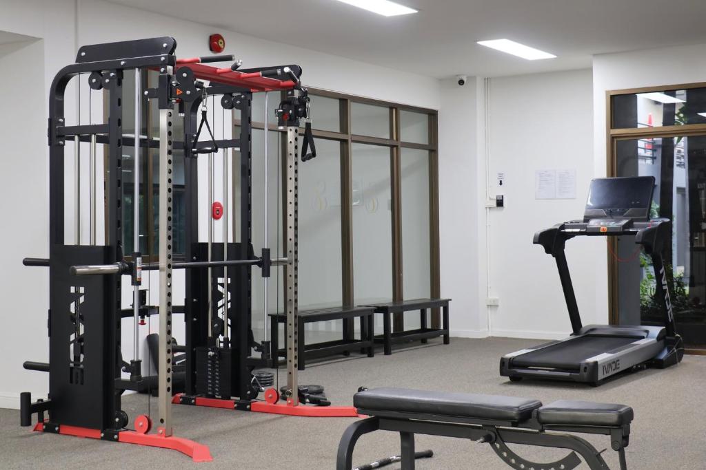 A compact gym with a cable machine, treadmill, bench and mirrored partition.