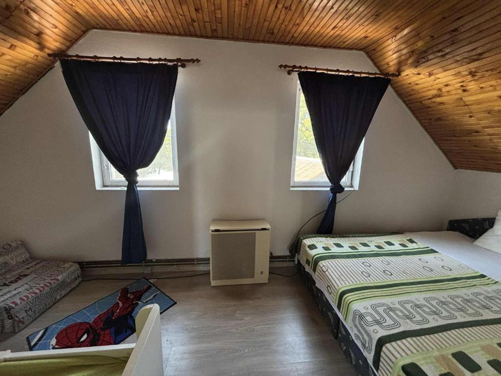 a bedroom with two beds and two windows at Peresi paradicsom in Mezőtúr